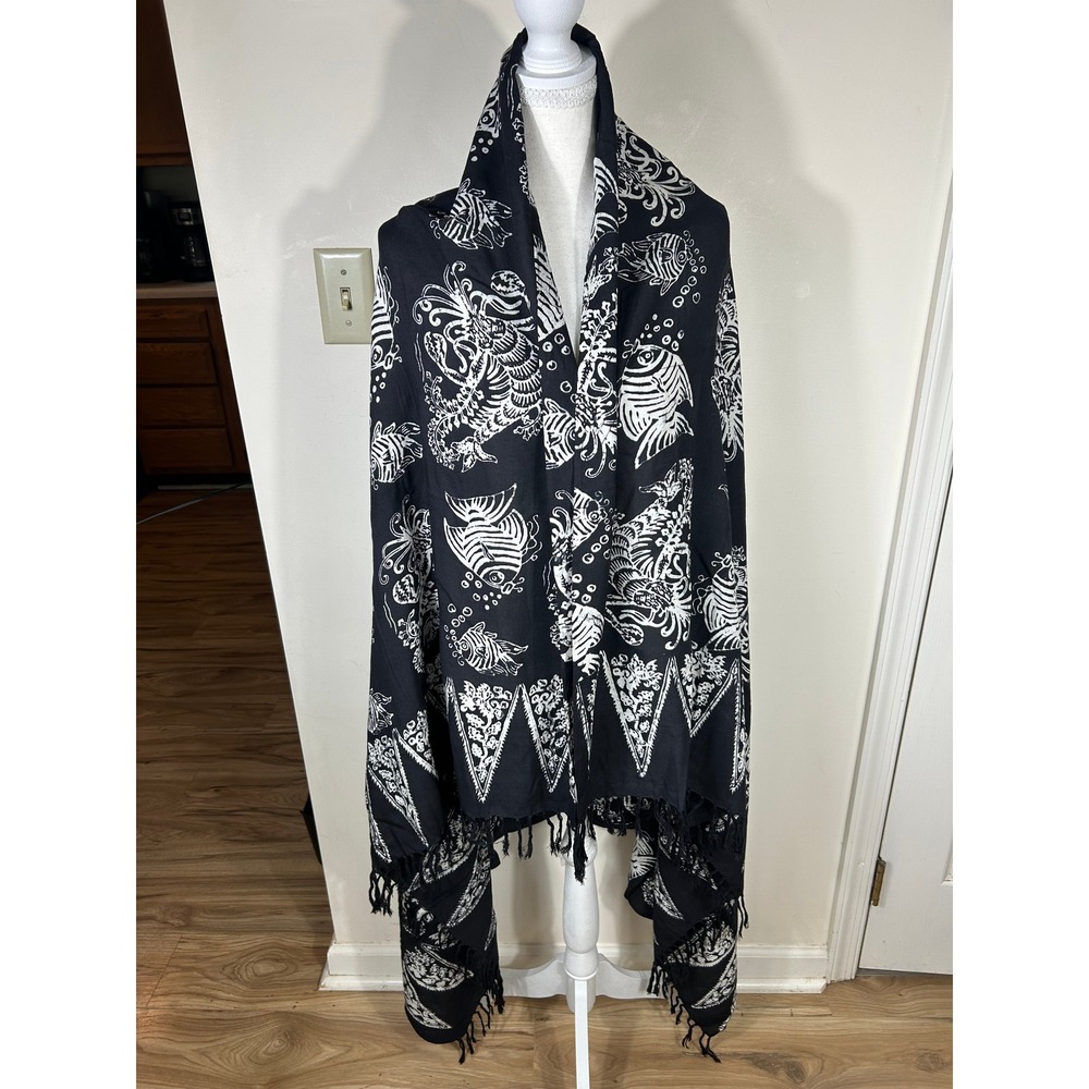 Aquatic Shawl Wrap Beach Cover Up Womens Black White Fish Print Fringe Oversized